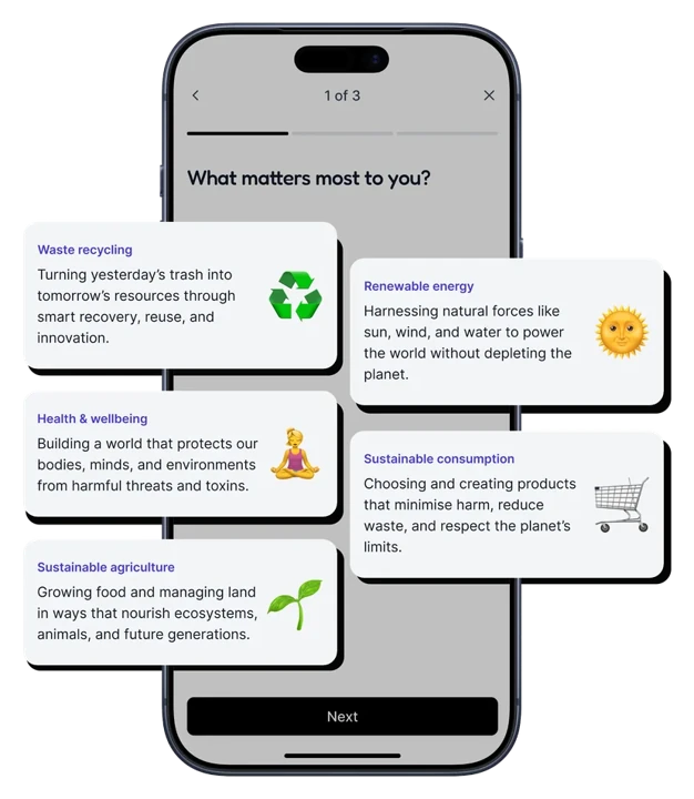 The inaam app asking what matters most to you, with the five impact themes