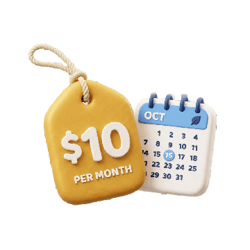 $10 per month price tag with calendar showing inaam flat fee that stays the same as your investment grows