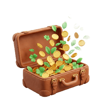 open suitcase overflowing with gold coins and green leaves, showing where your investment money goes across multiple themes