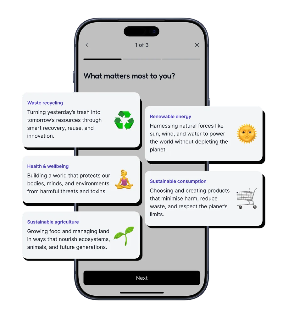 the inaam app asking what matters most to you, with five theme cards to choose from
