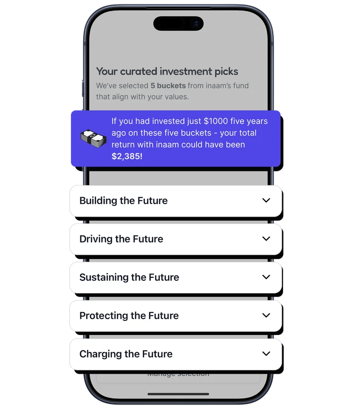 the app listing the investment picks that match your themes, each one opening to show more