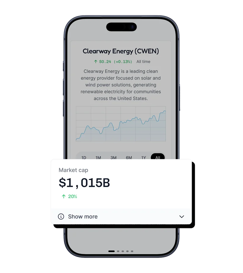 the inaam app showing a holding by name, Clearway Energy, with its description and market data