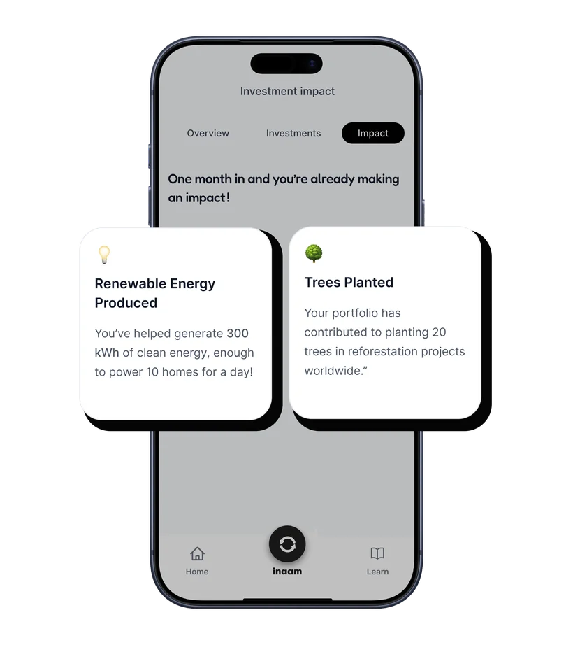 the inaam app's impact tab, showing renewable energy produced and trees planted