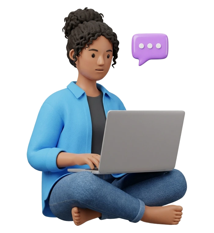 a young woman typing on a laptop, a chat bubble beside her