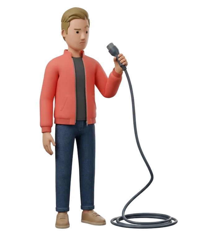 a man looking sceptically at an electric car charging plug