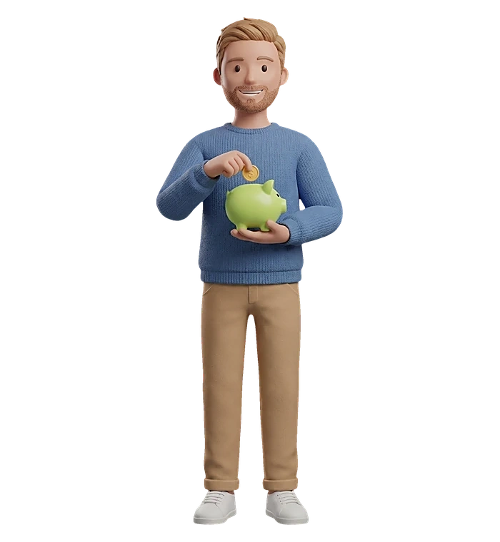a man dropping a gold coin into a green piggy bank