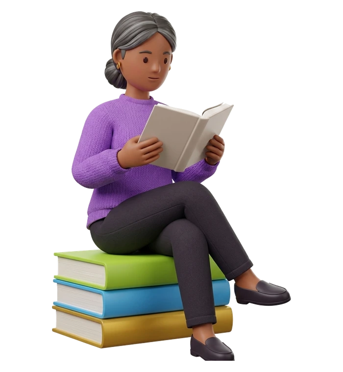 a woman reading, sitting on a stack of books