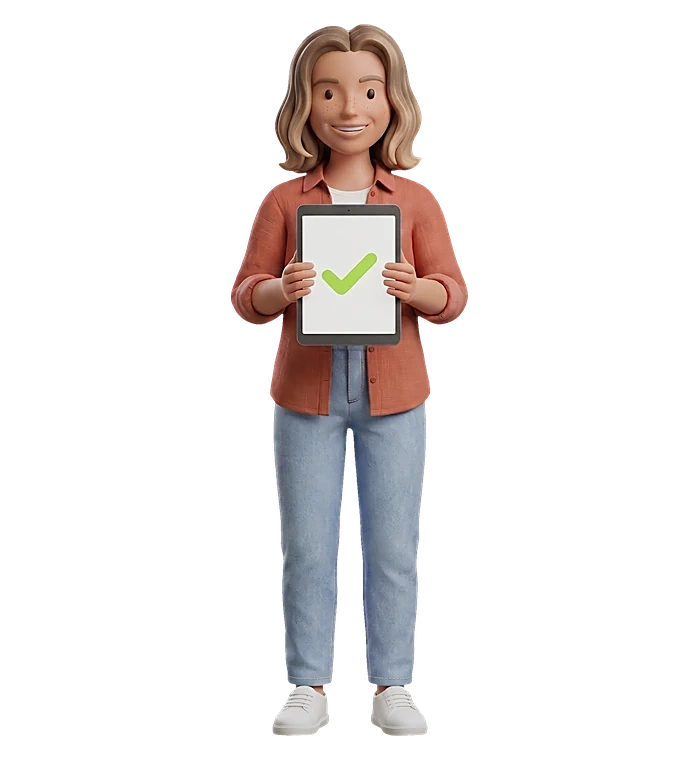 a woman holding up a tablet showing a green tick