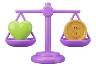 a balance scale with a green heart on one side and a gold coin on the other