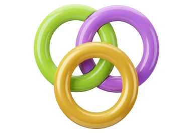 three rings in green, purple and gold, linked through each other