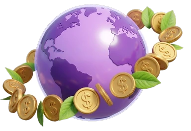 a purple globe ringed with gold coins