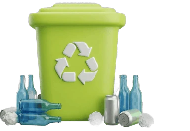 a lime recycling bin with bottles and cans