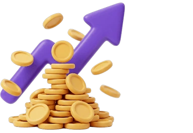 a rising purple arrow over a pile of gold coins