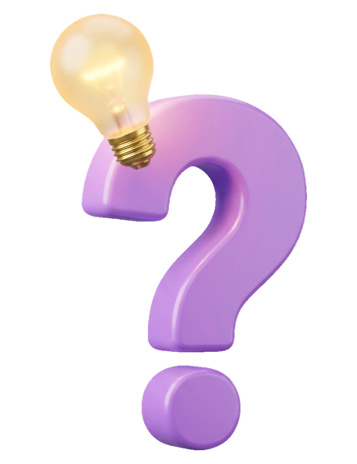 a purple question mark with a lit lightbulb resting on it