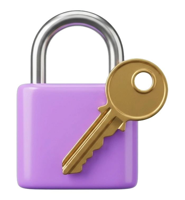 a purple padlock with a gold key