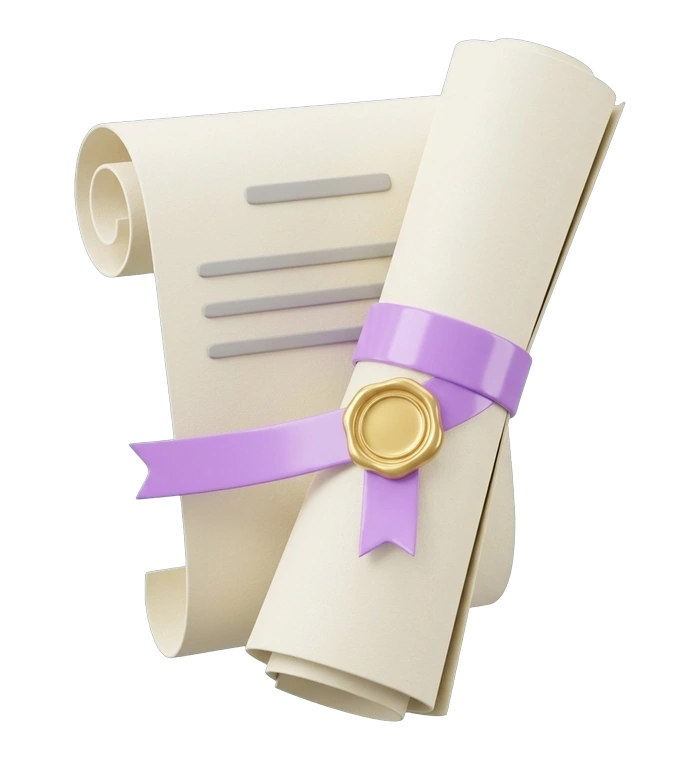 a rolled paper scroll tied with a purple ribbon and a gold seal