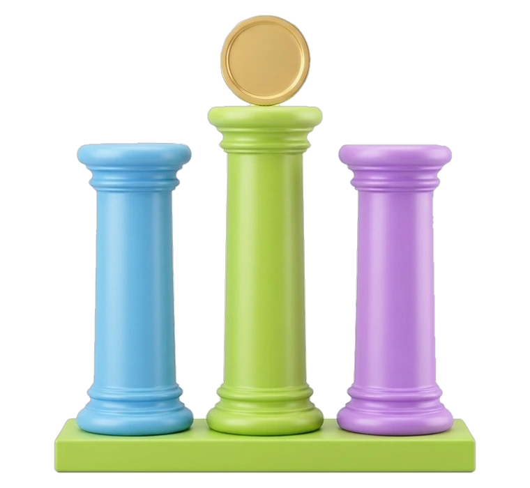 three columns in blue, lime and purple, the middle one tallest with a gold coin on top