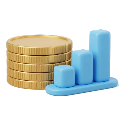 a stack of gold coins beside a rising bar chart