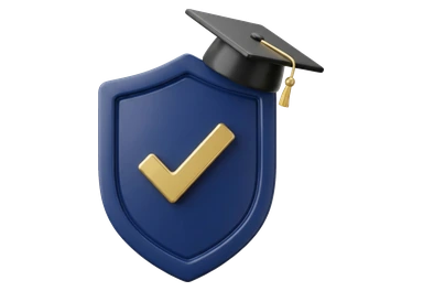 a shield with a tick, wearing a graduation cap