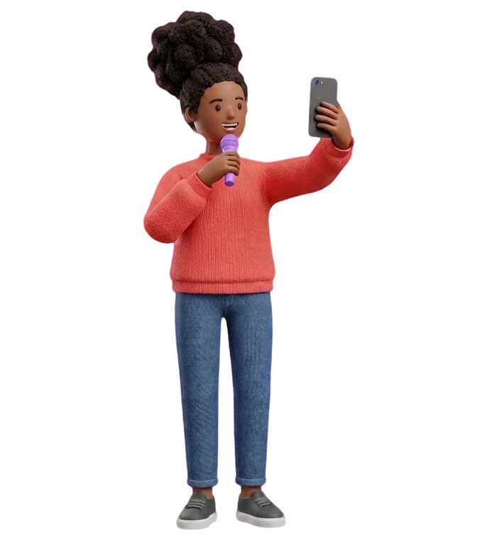 a creator filming herself with a phone and a microphone
