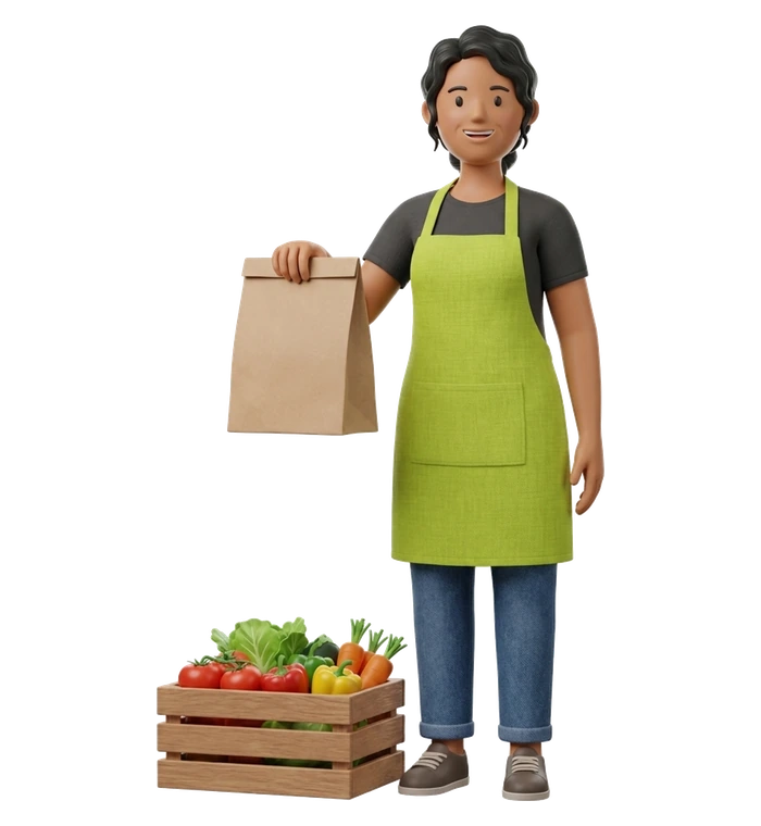 a small business owner beside a crate of fresh produce