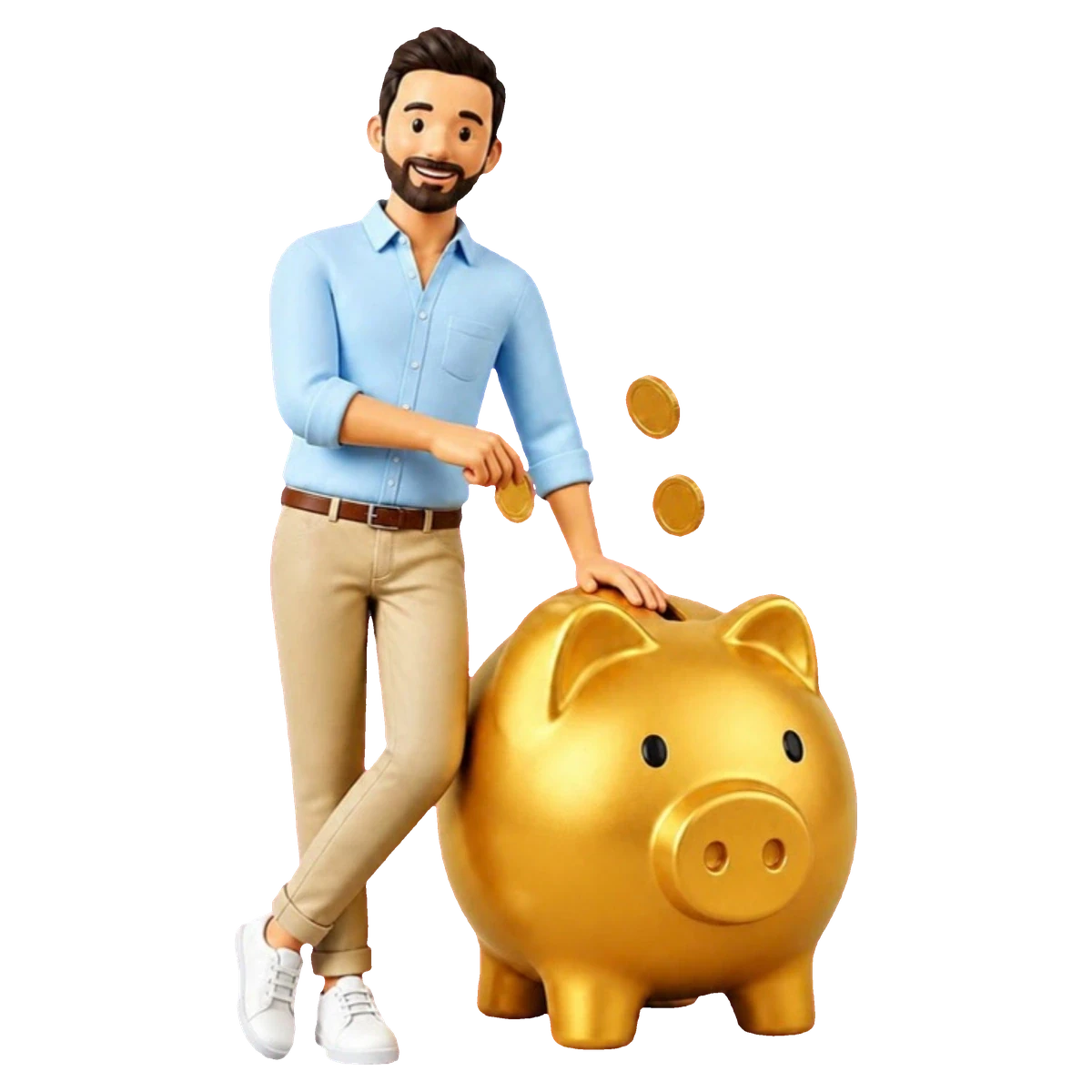 a man in a blue shirt leaning on a gold piggy bank, dropping a coin in