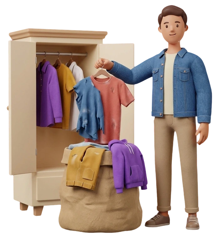 a man clearing clothes he no longer wears from his wardrobe into a bag for recycling