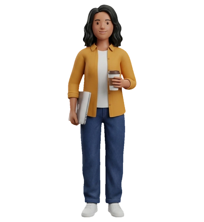 a founder with a laptop under her arm and a coffee in hand