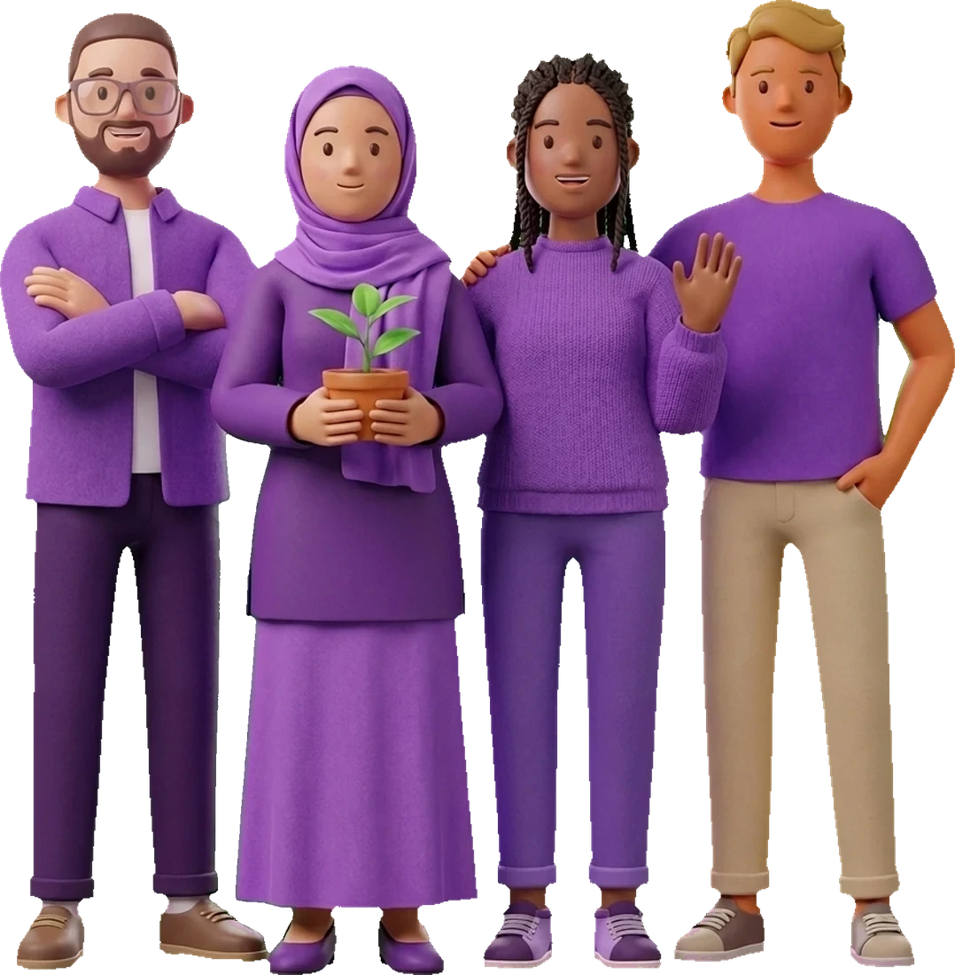 four illustrated characters from the money values quiz, standing together