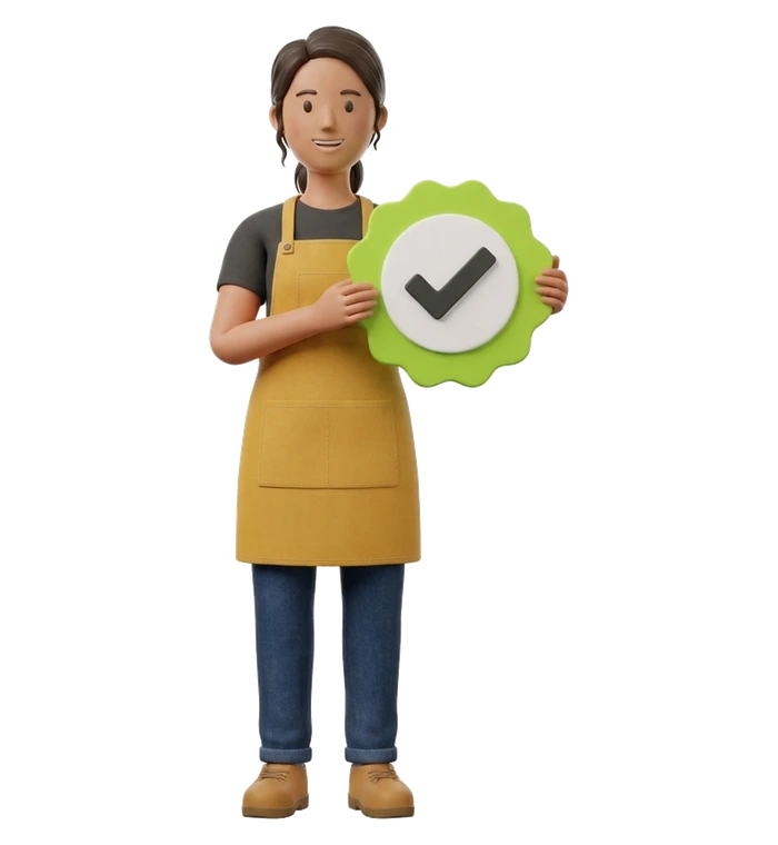 a business owner holding up a lime verified rosette