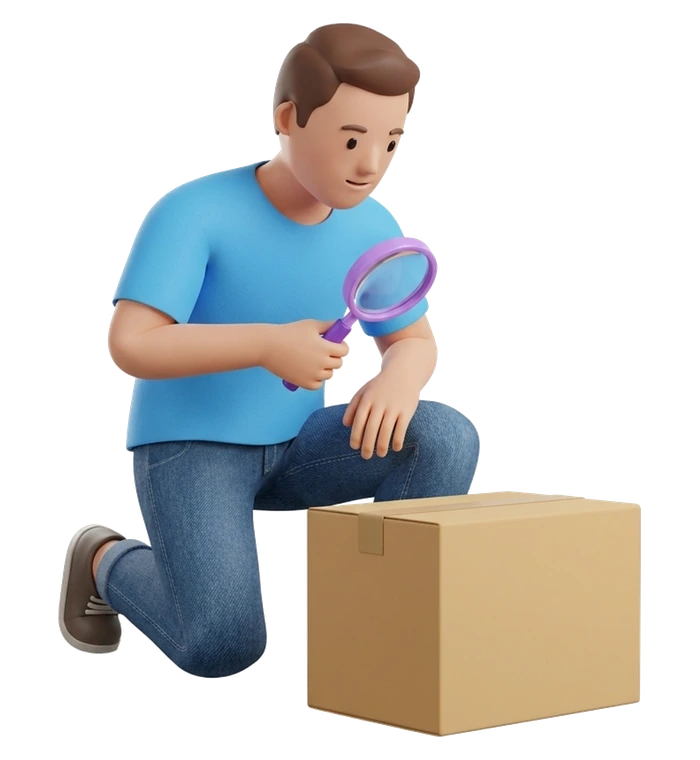 a man checking a shipping box through a magnifying glass