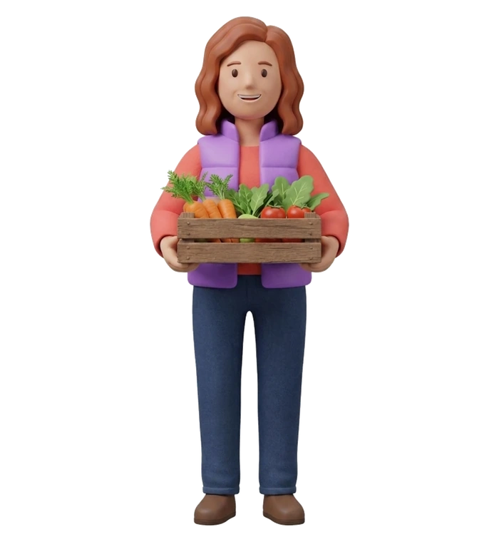 a woman handing over a crate of fresh vegetables