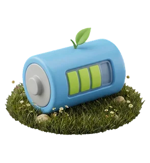 a sky blue battery with three green charge bars and a small leaf, on a patch of grass