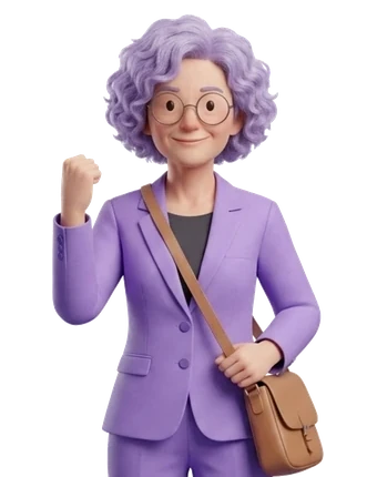 a woman with silver curls in a lilac suit, fist raised and smiling