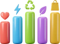 five bars in the theme colours, an icon above each