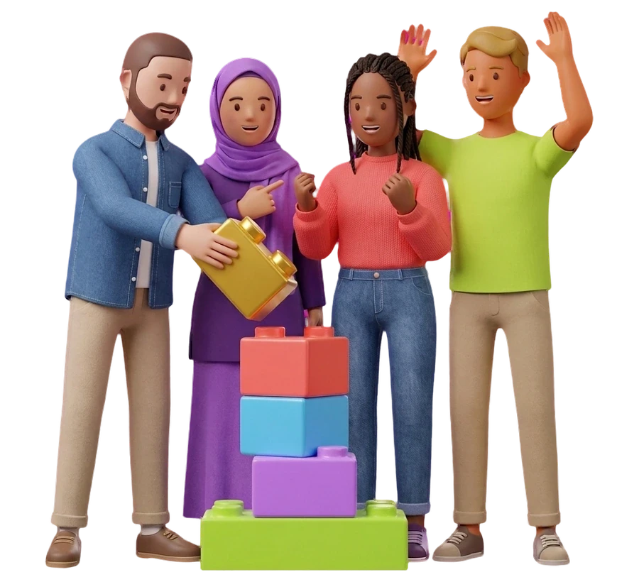 four people stacking coloured building blocks into a tower together