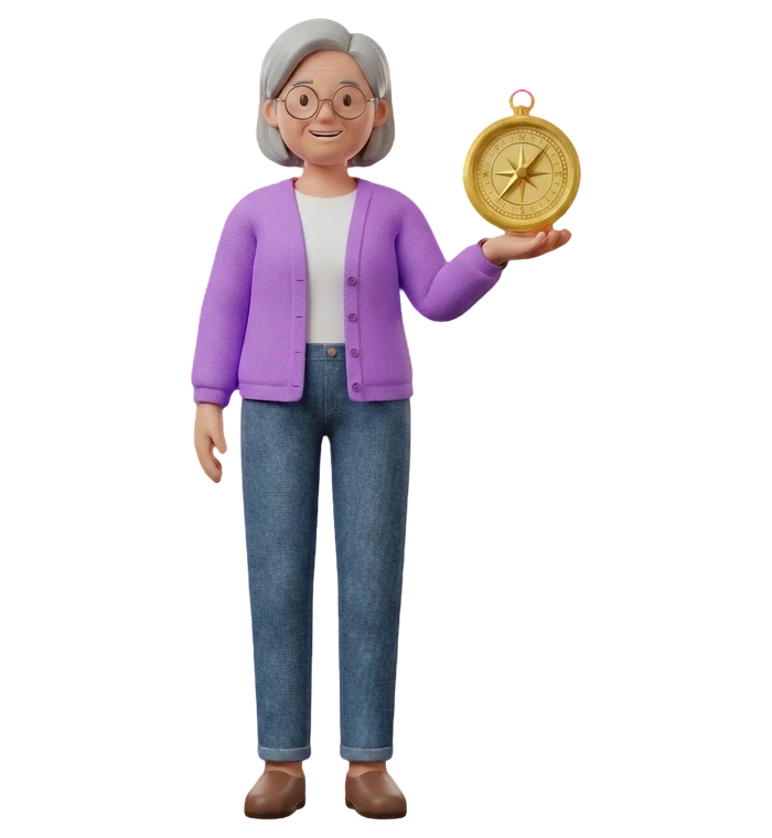 a woman holding a gold compass