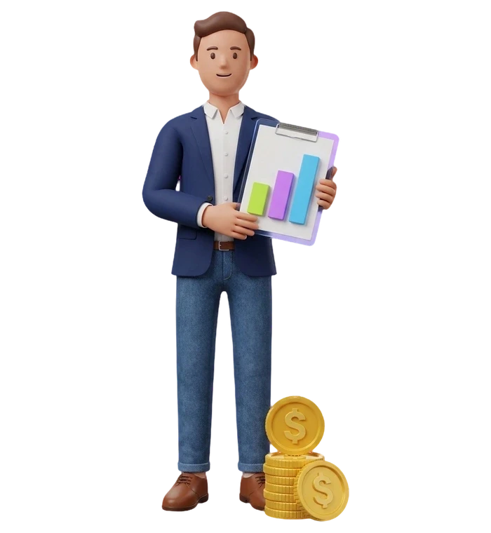 a man in a navy blazer holding a clipboard with a bar chart, beside a stack of gold coins
