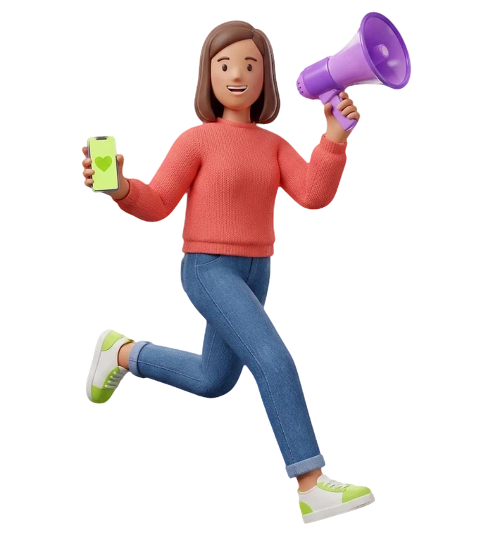 a woman running with a megaphone in one hand and a phone in the other