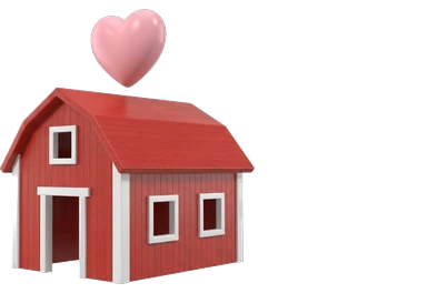 a small red barn with a heart above it