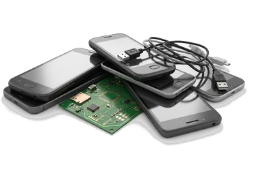 old phones, a circuit board and cables
