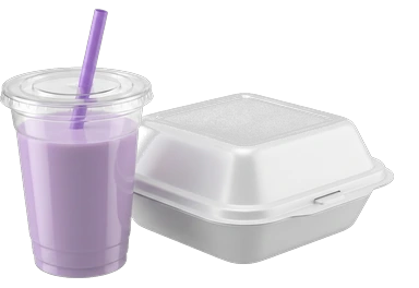 a plastic cup and a foam takeaway box