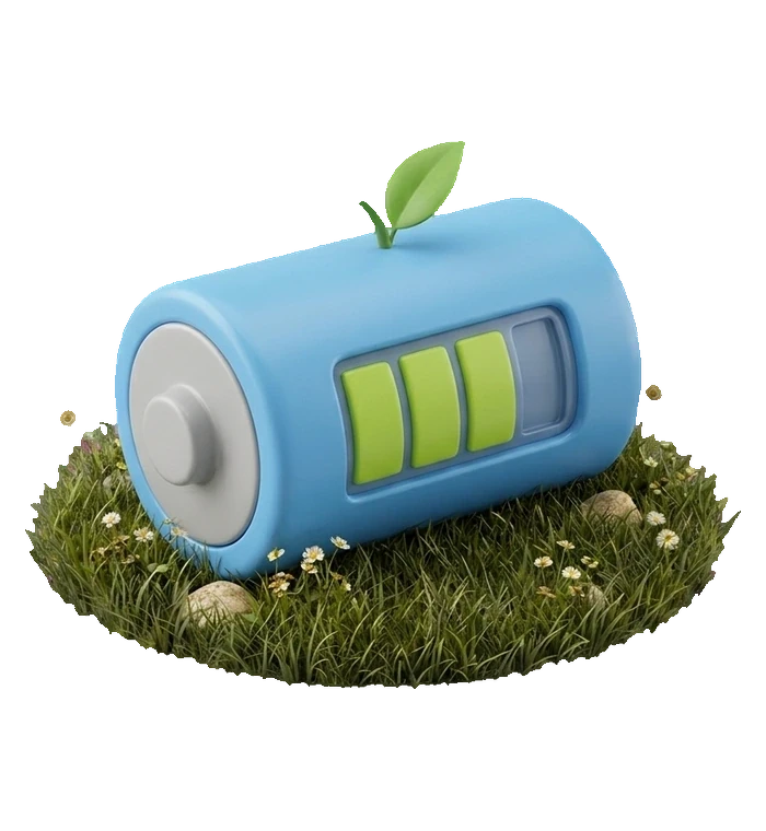 a sky blue battery with three green charge bars and a small leaf, on a patch of grass