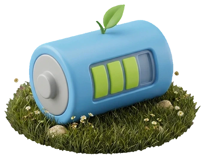 a sky blue battery with three green charge bars and a small leaf, on a patch of grass