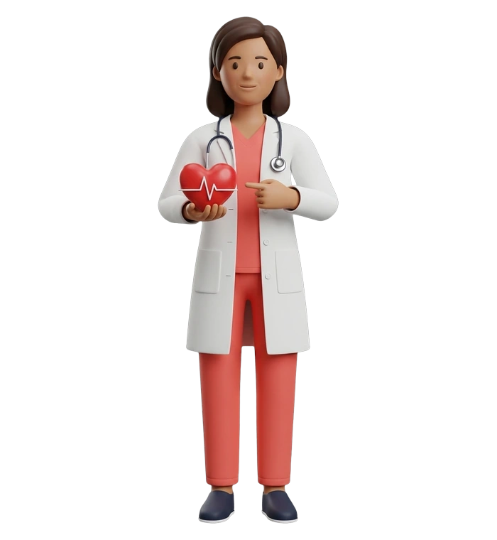 a doctor holding a red heart with a heartbeat line