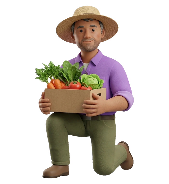 a farmer kneeling with a crate of vegetables