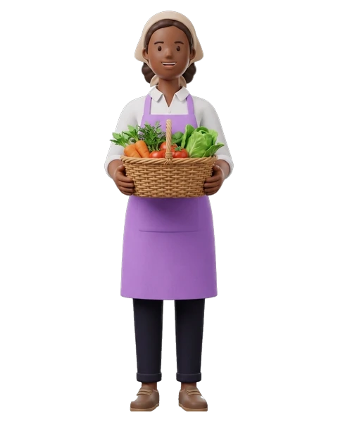a woman holding a basket of vegetables