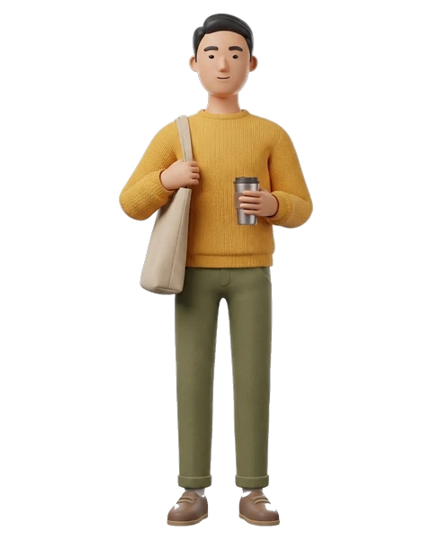a man with a tote bag and a reusable cup